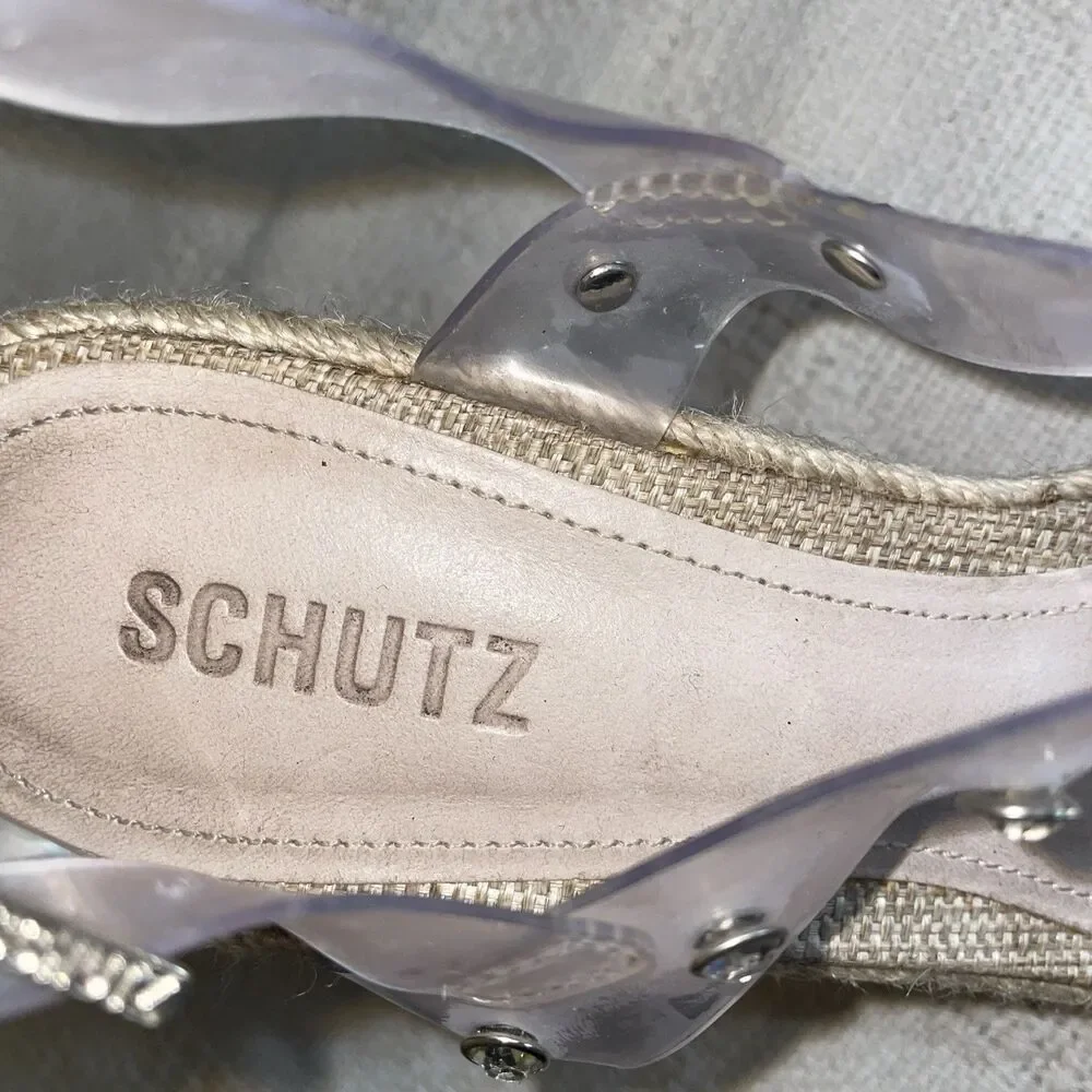 Schutz Women’s Wedge Espadrilles Size 9.5 B Clear Straps Jute Beach Cruise Fun